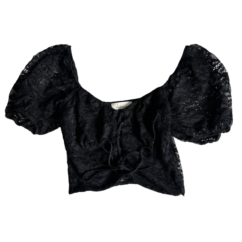Topshop Black Lace Puff Sleeve Lace Up Crop Top Milkmaid Womens 2 Whimsygoth